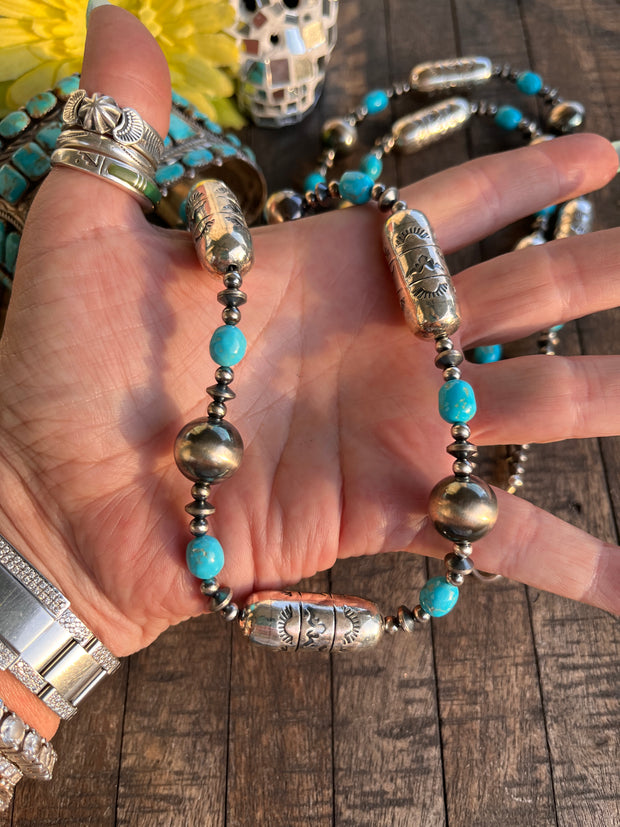 41" Stamped Pearl and Kingman Necklace