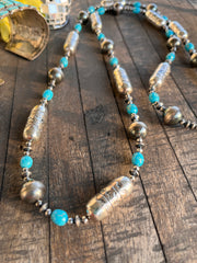 41" Stamped Pearl and Kingman Necklace