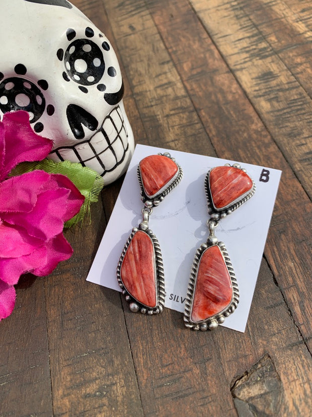 Red Spiny 2 Stone Earrings- B