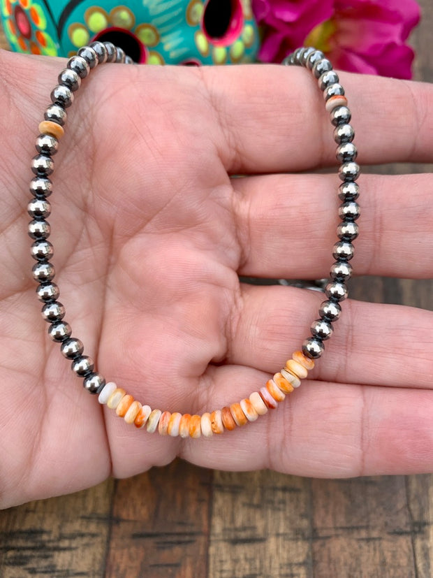 16" 4mm Spiny Orange and Pearl Necklace