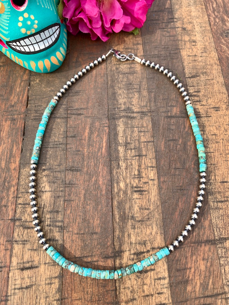 16" "Navajo Style" 4mm Pearl and Kingman Necklace