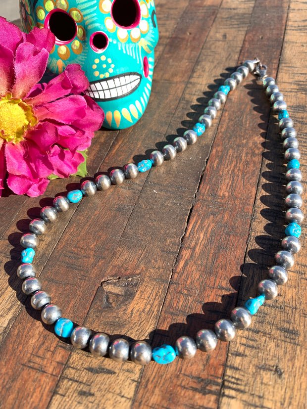 18" 8mm "Navajo Style" Pearl and Sleeping Beauty Necklace