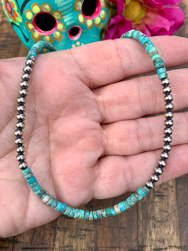 16" "Navajo Style" 4mm Pearl and Kingman Necklace