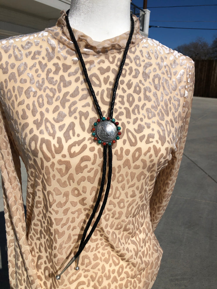 Turquoise & Coral Coin Bolo