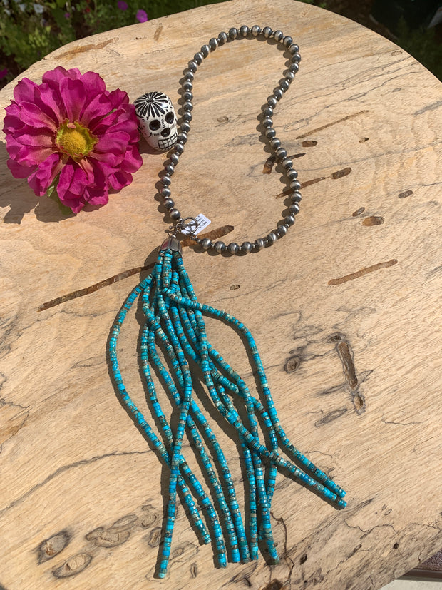 Sterling Pearl and Turquoise Tassel Necklace