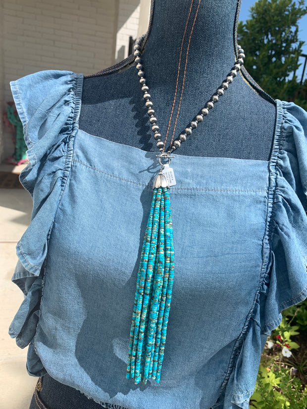 Sterling Pearl and Turquoise Tassel Necklace