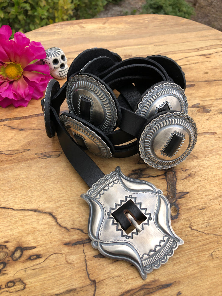 Sterling Silver Concho Black Leather Belt