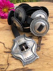 Sterling Silver Concho Black Leather Belt