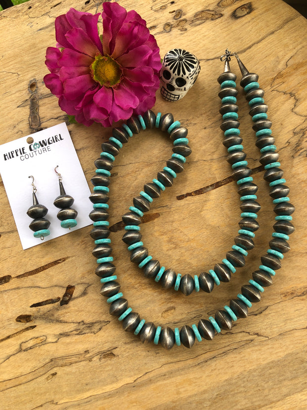 Turquoise & Sterling Saucer Pearls Necklace Set